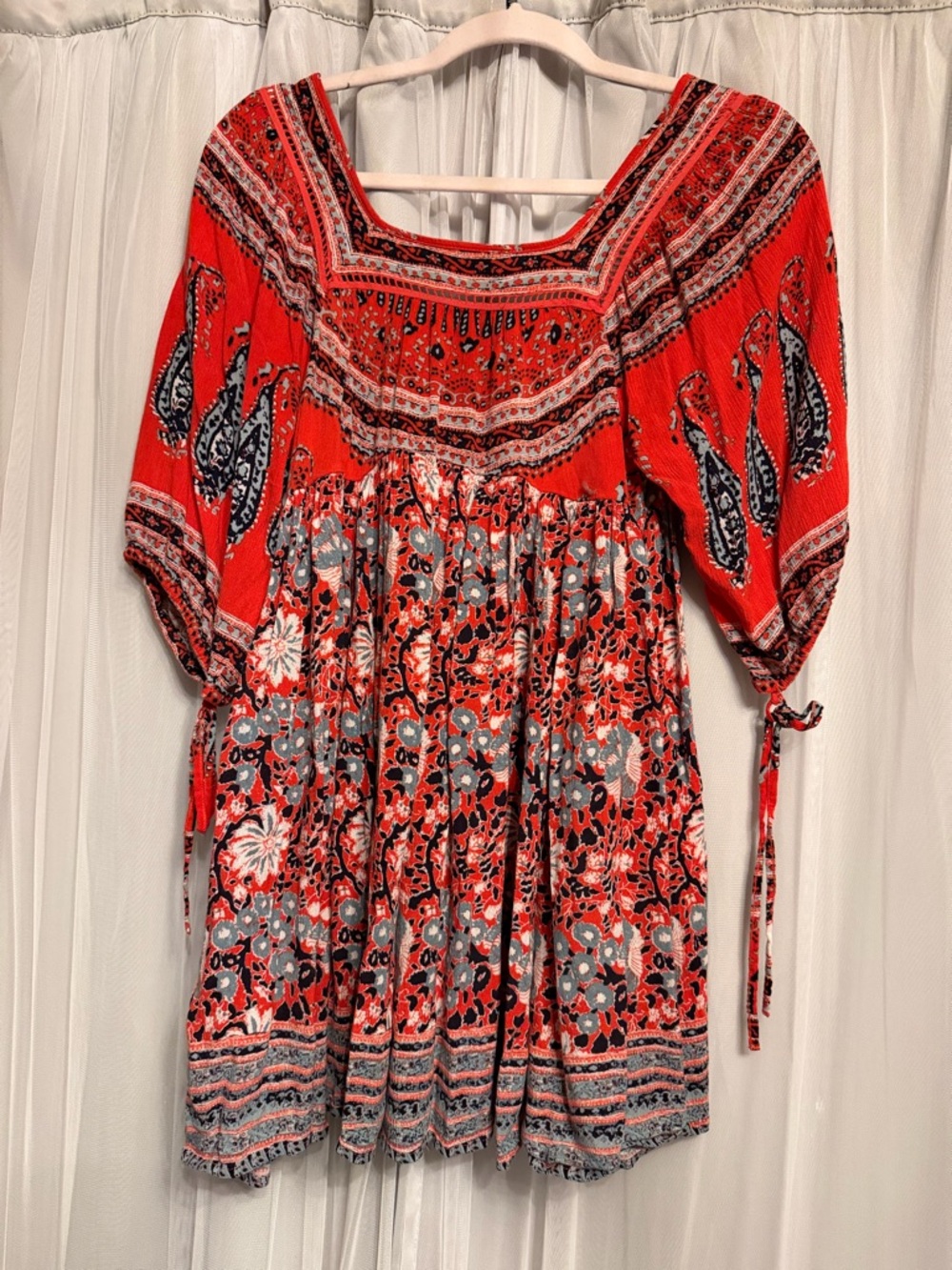 Free People Coral and Navy Floral Peasant Top